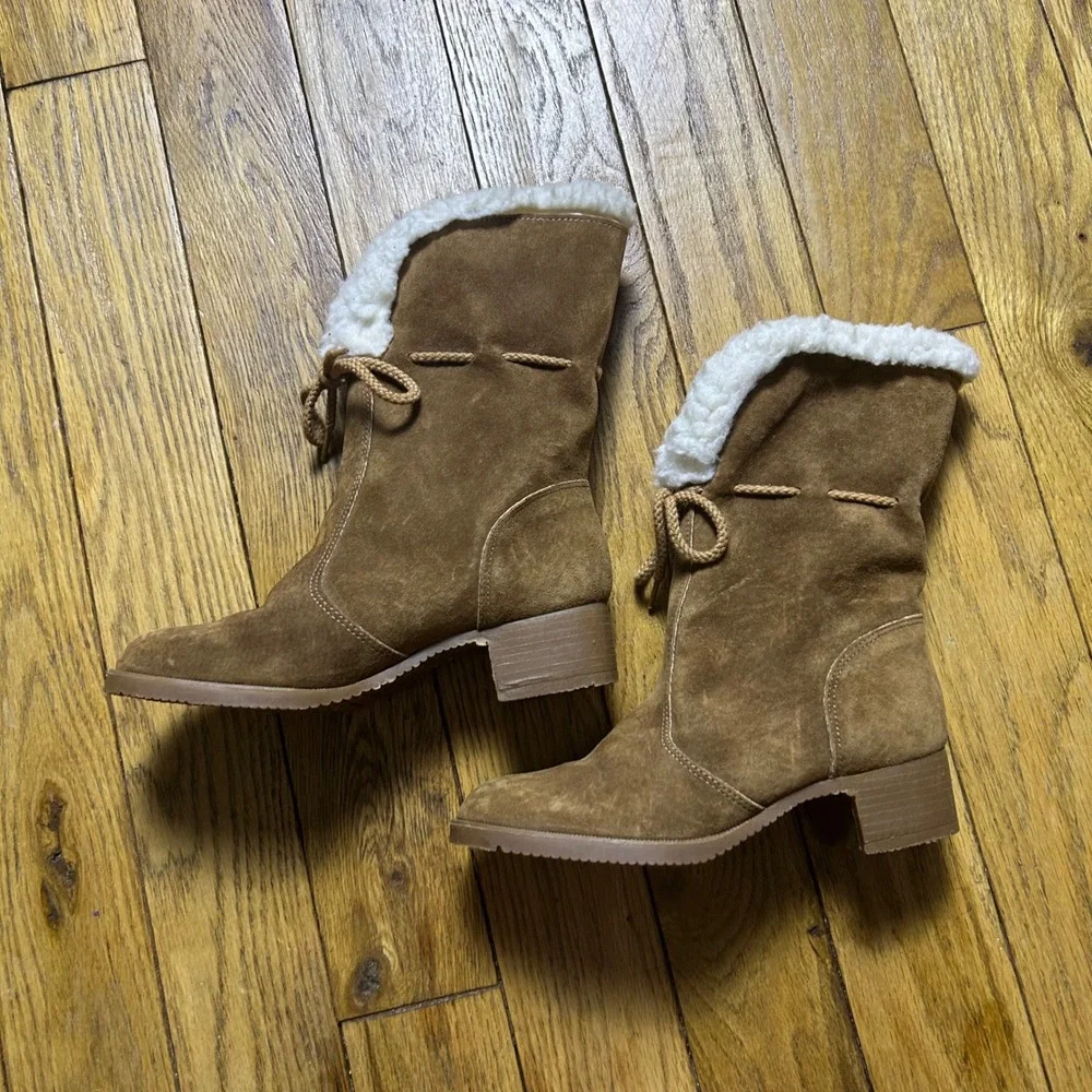 Hush Puppies Brown Suede Shearling Lined Mid Calf Boots Vintage Made in USA 6M